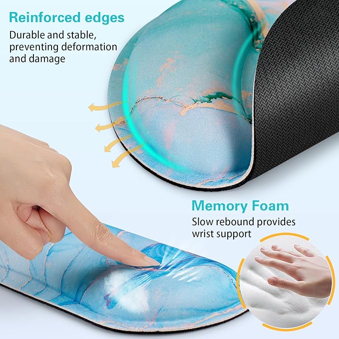 Mouse Pad Blue, 3-in-1 Mouse Pad with Wrist Rest for Keyboard and Mouse, Gaming Mousepad with Anti-Skid Base,Ergonomic Memory Foam Keyboard Gel Wrist Rest, Office Desk Accessories for Women