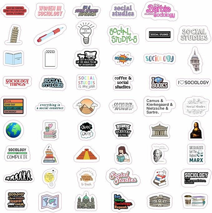BulbaCraft 100Pcs Social Studies Stickers for Water Bottle and Laptop - Social Studies Party Favors & Decorations, Waterproof Vinyl Decals, History and Culture Stickers, Gifts for Women & Men