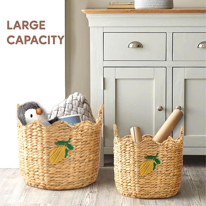 Greenatural Water Hyacinth Storage Baskets Set of 2, Handwoven Round Organizers with Wavy Edge and Embroidered Yellow Lemons, Wicker Bins with Handles for Laundry, Blankets, Plants, Bedroom, Bathroom