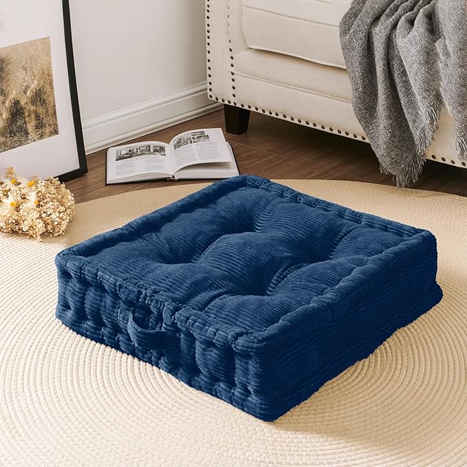 Wellsin Square Floor Pillows for Adults Kids - Meditation Floor Pillow Seating Cushion - Tufted Floor Cushion with Shredded Foam & Velvet Cover, 2 Pack, 20x20 Inch, Dark Blue
