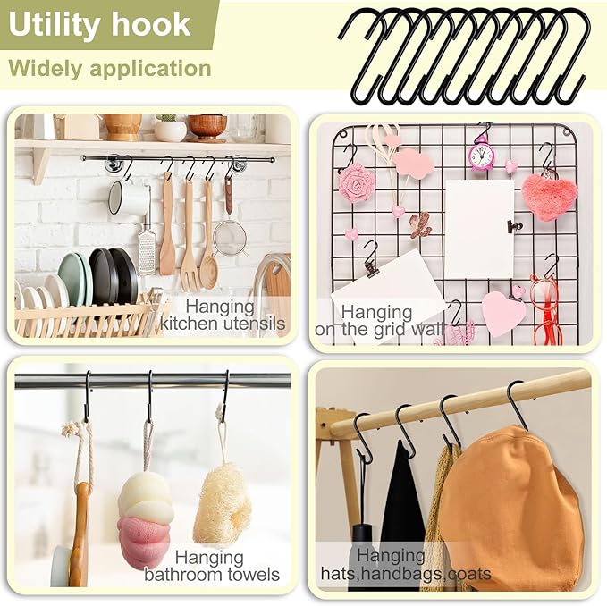 ESFUN 30 Pack 2.4 inches S Hooks for Hanging on Wire Shelves, Black S Shaped Hanging Hooks Hangers Pan Holder Pot Wire Rack Hooks for Kitchenware Spoons Pans Pots Utensils Jeans Bags Towels Plants,