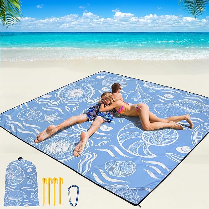 WIWIGO Beach Blanket Waterproof Sandproof Beach Mat 79" X 83"/10'x9' for 2-8 Adults Quick Drying Outdoor Picnic Mat Beach Accessories for Travel, Camping, Hiking
