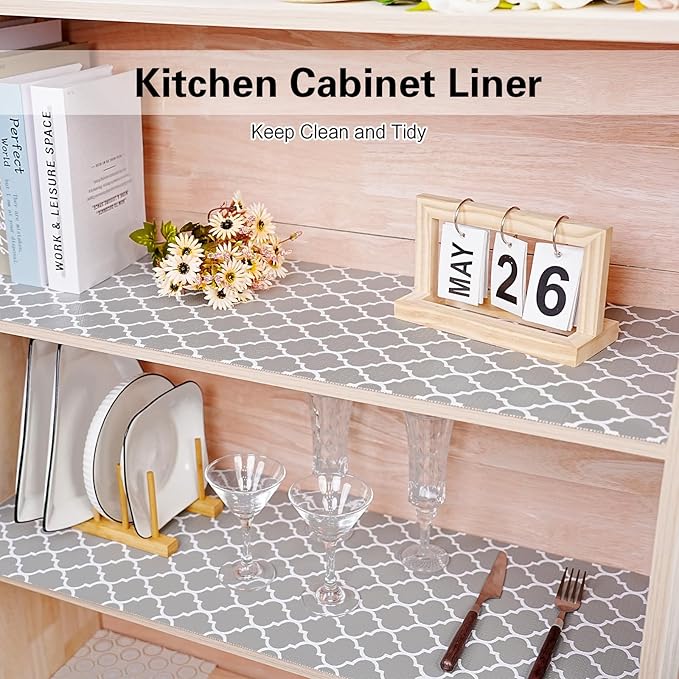 Drawer and Shelf Liner for Kitchen Cabinet,Non-Adhesive Cabinet Liner 24in x 20FT,Waterproof Shelf Paper Non-Slip Mats Cupboard Liner Contact Protect Dresser/Shelves/Table-Grey Lantern