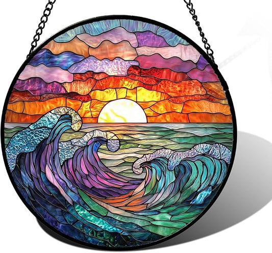 Stained Glass Window Hanging, Clouds and Sea Waves Suncatcher Diamond Glass Panel Hangings Scenery Sun Catchers Decor for Birthday for Women, Men, Wife, Aunt, and Mom 11.8 in
