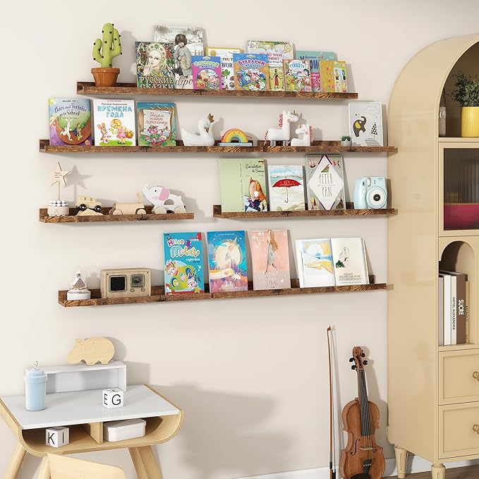 Fun Memories Picture Ledge Shelves, Set of 2, 32 Inch Rustic Wall Mounted Floating Shelves with Lip for Home Storage and Decor in Bathroom, Kitchen, Nursery, Bedroom, Living Room, Brown