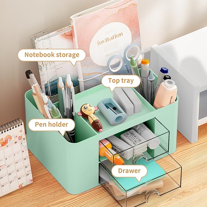 Marbrasse Pen Organizer with 2 Drawer, Multi-Functional Pencil Holder for Desk, Desk Organizers and Accessories with 5 Compartments + Drawer for Office Art Supplies (Green)