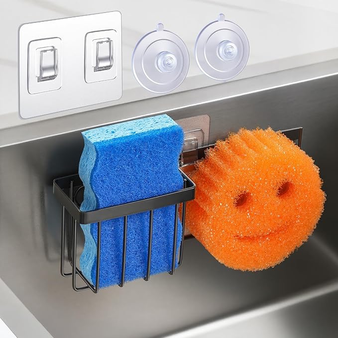 [Slim & Space-saving] Sponge Holder for Kitchen Sink, Sponge Caddy for Scrub Daddy / Scrub Mommy Smiley Face, Sink Organizer Accessories for Dish Brush, Scrubber -with 2 Suction Cups & 1 Adhesive Hook