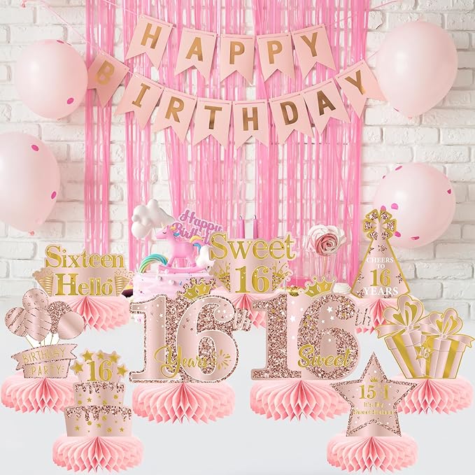 9Pcs 16th Birthday Decorations Pink Rose Gold Honeycomb Centerpieces for Girls, Happy 16th Birthday Table Centerpieces Party Supplies, Sixteen Year Old Birthday Table Toppers Decor