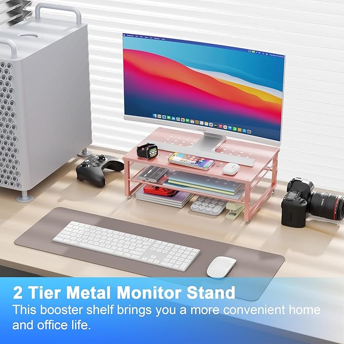 gianotter 2-Tier Metal Monitor Stand Riser, Desk Organizer for Monitor, Office Desk Storage Organizer for Office Supplies (Rose Gold)