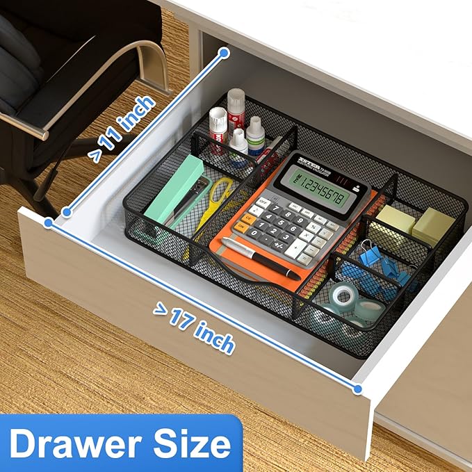 Desk Drawer Organizer, Metal Mesh Drawer Organizer Tray with 6 Adjustable Compartments, Tray Organizer for Desktop, Kitchen, Bathroom, Makeup, Vanity - 14.5x8.8x1.96 inch, Black, 1PC Large