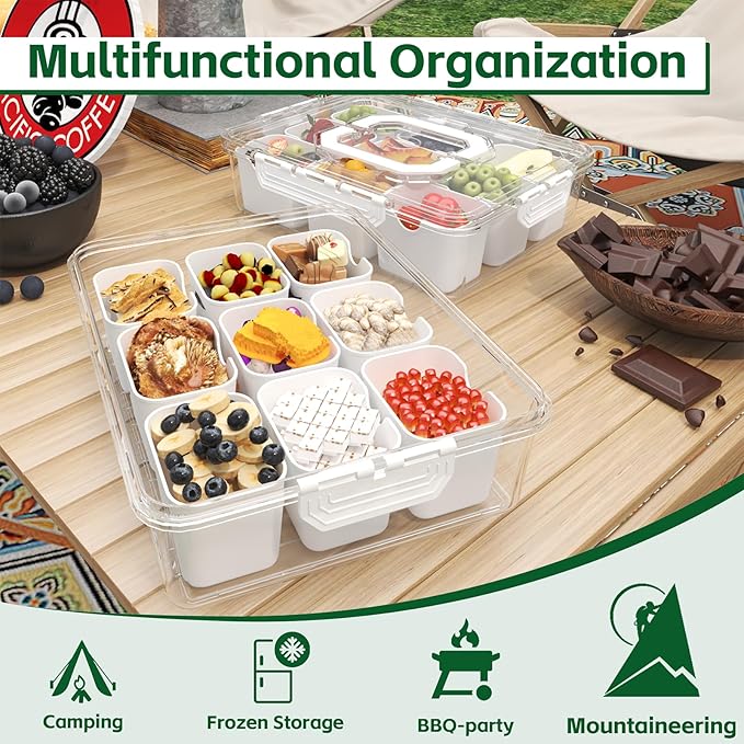 REBECAT Divided Serving Tray with Lid and Handles 9 Compartments Snack Box Container Charcuterie Organizer Snackle Box Container for Candy,Nuts,Fruits,Snacks,3 Pack,White