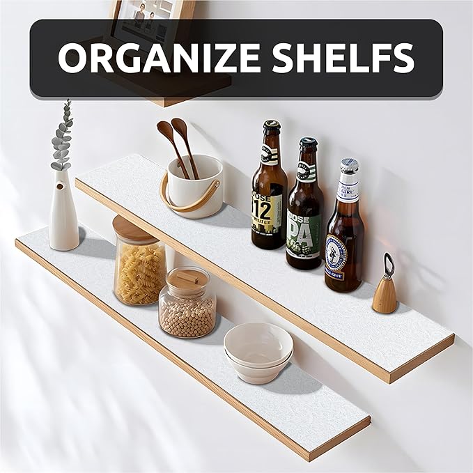 18X96 Inch Shelf Liner with Scissor & Tape Measure for Kitchen Cabinets, PVC Drawer Liner for Dresser Non-Slip Bathroom, Non-Adhesive Cabinet Liner Washable (White)