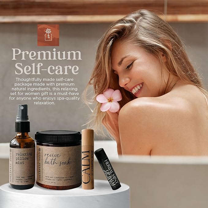 SOULISTIC ROOT Spa Kit for Women – Relaxing Self Care Gift Set with Lavender Pillow Spray, Mint Lip Balm, Calm Essential Oil Roller & Epsom Salt Bath Soak – Luxury Pampering Package for Home & Bath