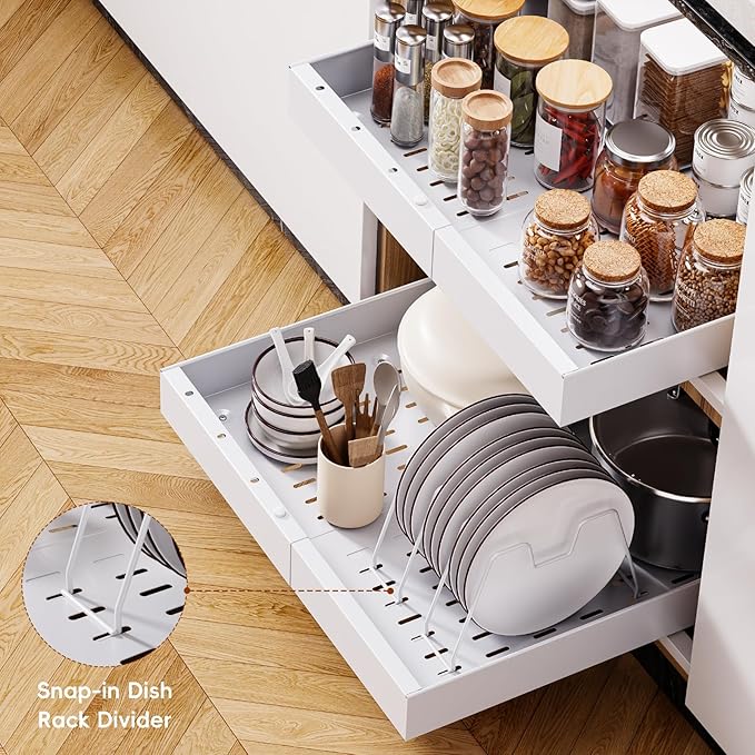 OneDream 1 Pack Pull Out Cabinet Organizer, 21" Deep Slide Out Drawers for Kitchen Cabinets, No Drill Adhesive Pull Out Drawers for Cabinets, Roll Out Shelves Adjustable Width 12.05"-20.4"