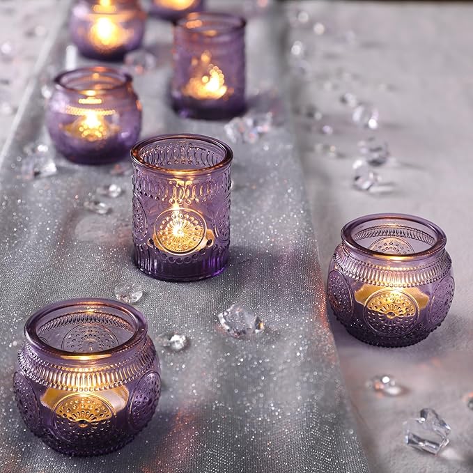 30pcs Assorted Purple Votive Candle Holders for Wedding Decorations, Boho Glass Tealight Candle Holder, Wedding Table Centerpieces, Bridal Shower Decorations, Retro Purple Party Decor, Party Favors
