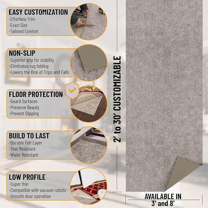 Ottomanson 3' x 11' Non-Slip Rug Pad Gripper 1/4 Inch Thick Dual Surface Felt + Rubber Gripper - Safe for All Floors, Brown