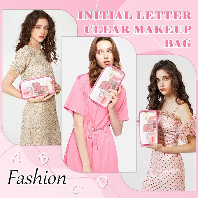 Personalized Initial Letter Clear Makeup Bag, Preppy Small Nylon & PVC Cosmetic Zipper Bag with Chenille Letter, Portable Beach Travel Skincare Toiletry Bag, Trendy Monogram Gift for Teen Girls Women, B