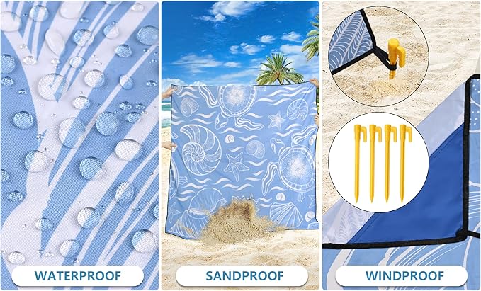 WIWIGO Beach Blanket Waterproof Sandproof Beach Mat 79" X 83"/10'x9' for 2-8 Adults Quick Drying Outdoor Picnic Mat Beach Accessories for Travel, Camping, Hiking
