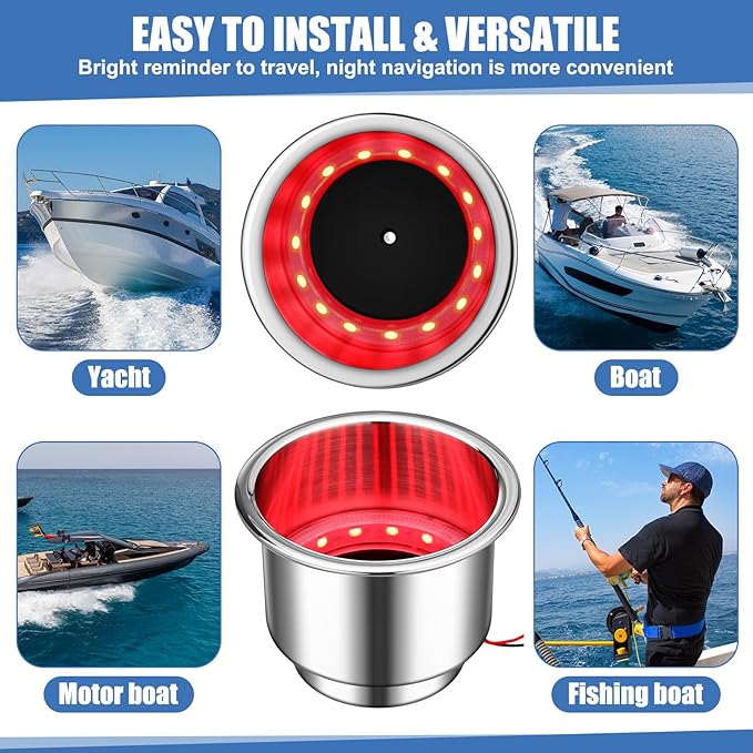 Yexiya 6 Pcs LED Cup Holder Marine Drink Holder Stainless Steel Cup Holders Insert with Drain for Boat Yacht Car Camper Truck RV(Red)