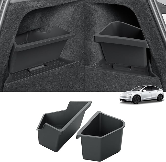 LUCKEASY 2PCS Trunk Corner Up Storage Box for Tesla Model Y Juniper 2025 2026 Need Lid Under Box Trunk Storage Bins for Model Y Juniper Accessories TPE Black
