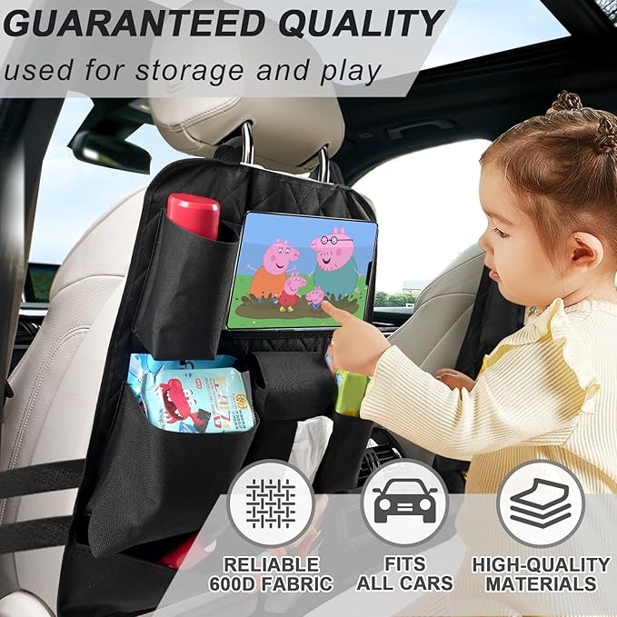 Car Seat Organizers, Multi-functional Back Seat Protectors, Storage Pouches, Child Kicking Prevention and Tray Holders Kick Mats Back (for Cars, Kids, and Rear Seats) (Black, 2 Pack)
