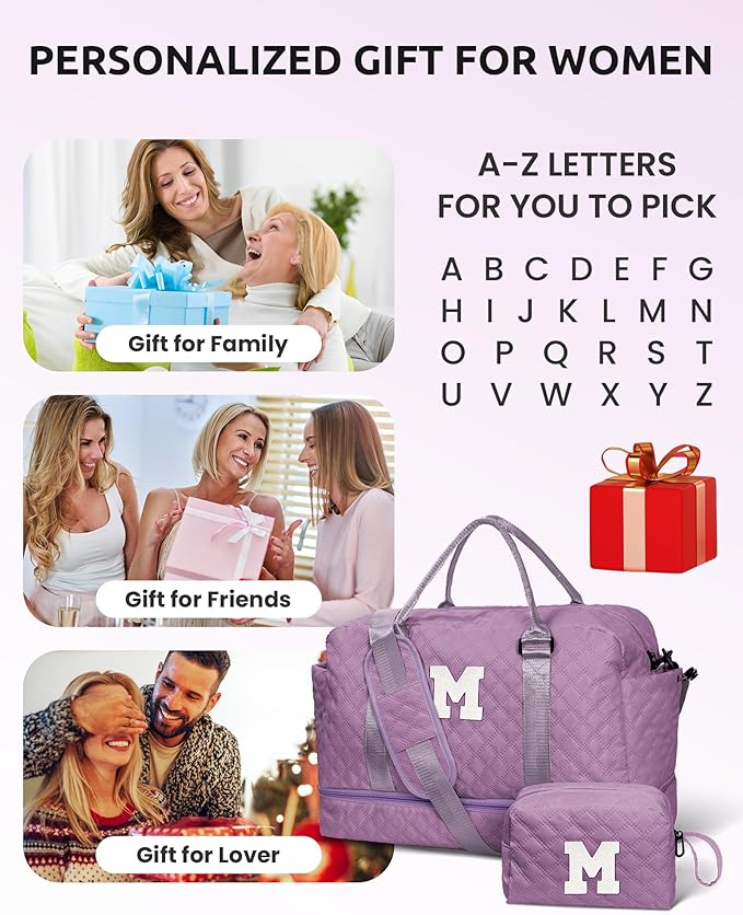 Birthday Gifts for Women-Initial Duffle Bag with Shoe Compartment, Personalized Weekender Bag, Monogram Overnight Bag, Letter Travel Bag with Makeup Bag，Friend Wife Birthday Gift (Letter C)