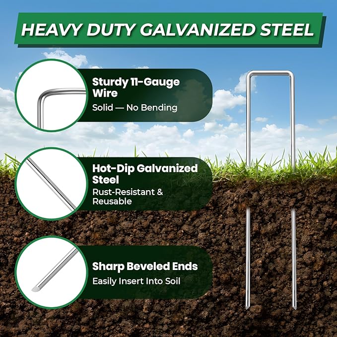 200Pcs Garden Staples +200Pcs Gasket +Pick Hook +Rubber Mallet, 6 Inch Landscape Fabric Stakes Galvanized Weed Barrier Stakes 11 Gauge Landscape Pins U Shape Lawn Staples for Yard, Turf, Sod, Weed Mat