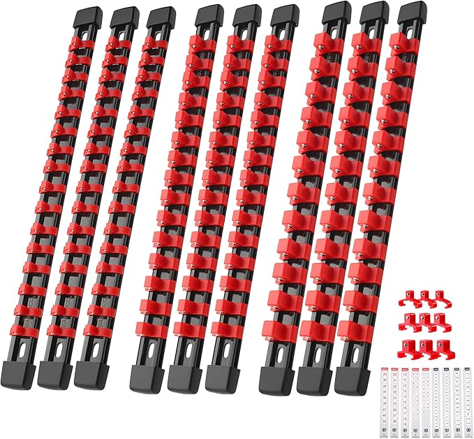 9-Piece Socket Organizer Set - 1/4-Inch x 48 Clips, 3/8-Inch x 45 Clips, 1/2-Inch x 36 Clips, Heavy Duty ABS Socket Holder, Premium Quality Socket Clip Rail Holder for Tool Box Drawer