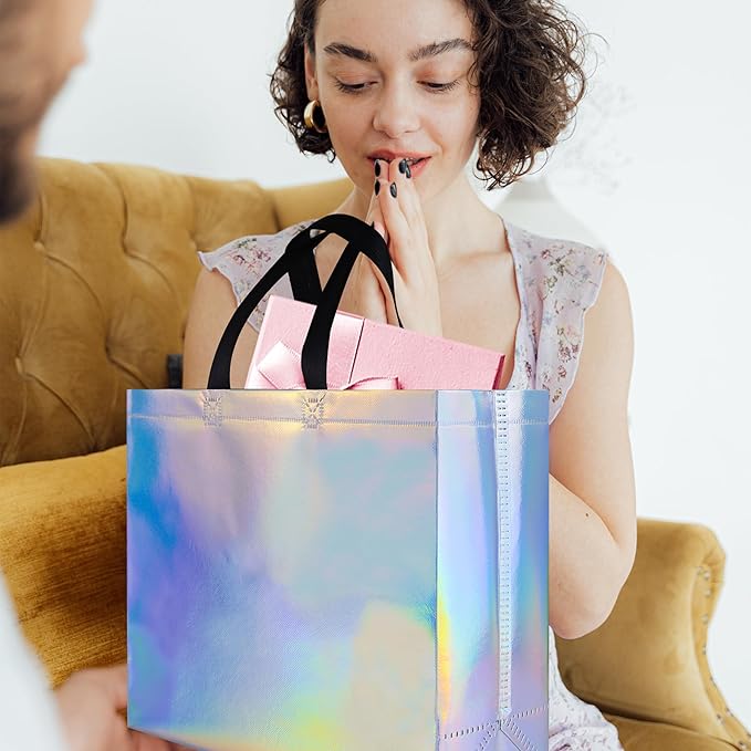 cabzymx 25 Pcs Iridescent Glossy Reusable Gift Bags with Handles & Sturdy Bases, 12.6x4.7x11 In Holiday Party Gift Bags Bulk for Birthday, Wedding, Xmas, Thanksgiving