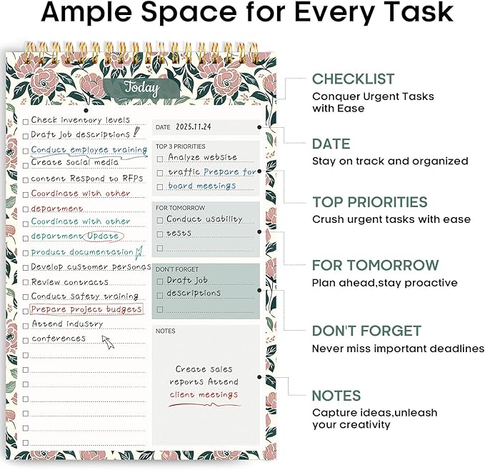 Taja To Do List Notepad - To Do List Notebook for Work with 52 Sheets, Undated Daily Planner Perfect for Daily Tasks and Goal Setting, Notepad Suitable for Office, Home & School - Rose Meadow