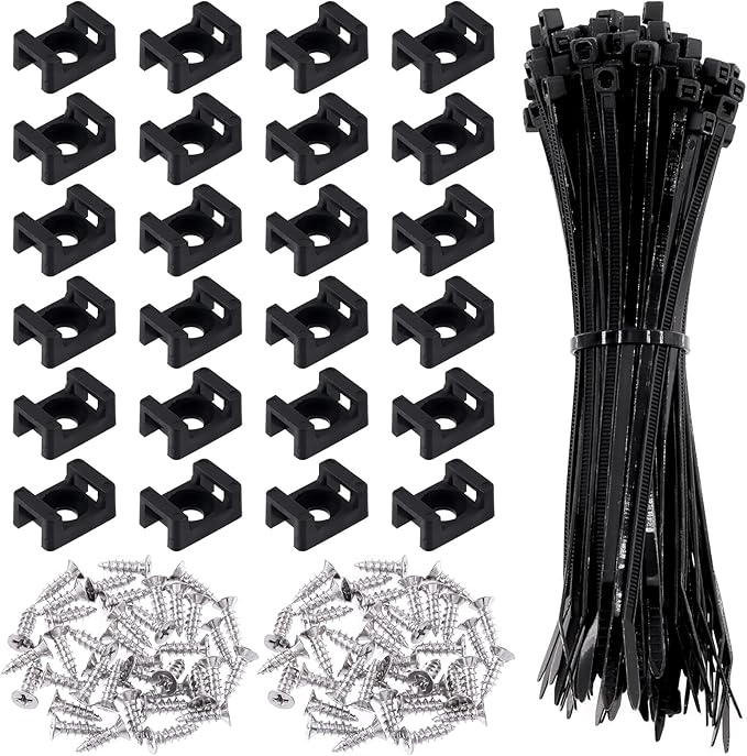 Swpeet 360Pcs Black Self-Locking Cable Zip Tie (150x4mm) and 6mm/0.24inch Saddle Type Cable Tie Mounts Base with Deep Thread Flat Head Screws Assortment Kit, Wire Holder Wire Cable Clips Organizer
