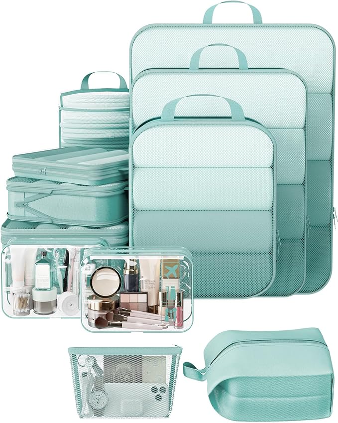 Veken 11-Piece Compression Packing Cubes for Travel Essentials, Compressible Expandable Large Luggage Suitcase Organizer Bags for Clothing, Durable Space Saver Storage Bags with Toiletry Bags (Blue Green)