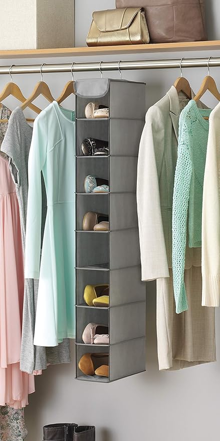 Whitmor Hanging Shoe Organizer, 8 Shelves-Hanging Closet Organizer, Hanging Shoe Rack for Small Closet, Hanging Shelves for Storage Shoes Clothes 11.5" D x 5.5" W x 41" H, Grey