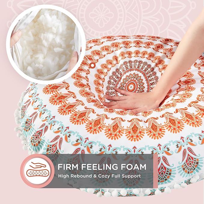 Codi Floor Pillows for Adults Set of 2, Large Boho Meditation Cushions with Memory Foam, Round Mandala Seating for Outdoor Yoga and Living Room, Washable, 32 Inch, Coral