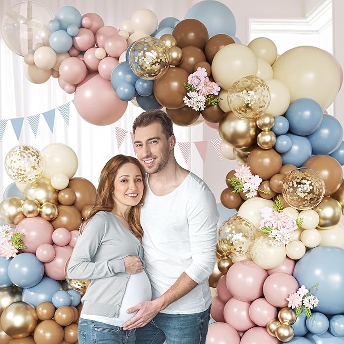 Woaipati 148-Piece Dusty Pink Blue Brown Yellow Balloon Arch Garland Kit, Retro Pink Dusty Blue Brown Pastel Yellow Gold Confetti Balloons for Baby Shower Wedding Engagement Birthday Party Decorations