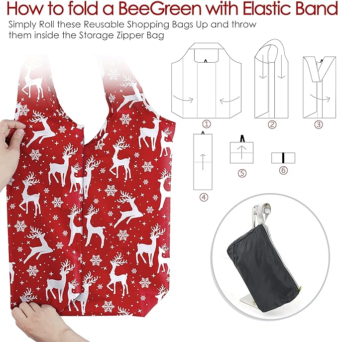 BeeGreen Christmas Reusable Shopping Bags, 12-Pack with Zipper Storage Pouch, Christmas Gifts Grocery Bags in Bulk with Elastic Band, 50LBS, X-Large, Foldable, Machine Washable, Santa Deer Snowman