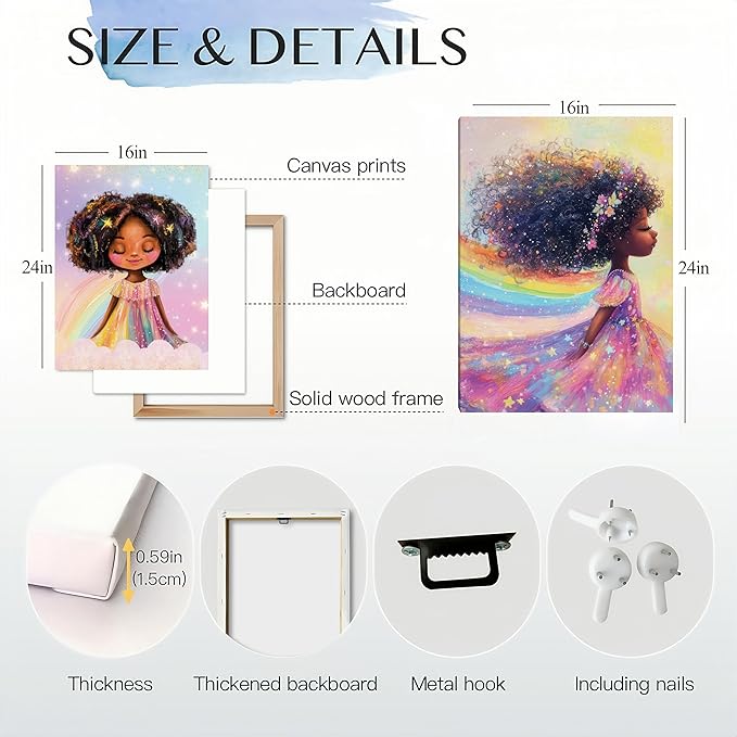 Black Girl Princess Wall Art, Rainbow Hair Girl Painting,Cute Afro Girls Art,Cute Black Girl Nursery Art,Whimsical Rainbow Art Print Set Poster,Black Kids Canvas Prints,Framed16 x 24inches X3piece