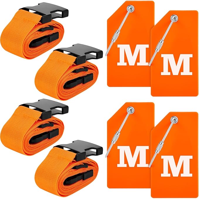 Weewooday 8 Pcs Luggage Straps Suitcase Tags Set for TSA Approved, 4 Travel Adjustable Suitcase Belt, 4 Silicone Luggage Tags with Name ID Card Travel Accessories (Light Orange, M)