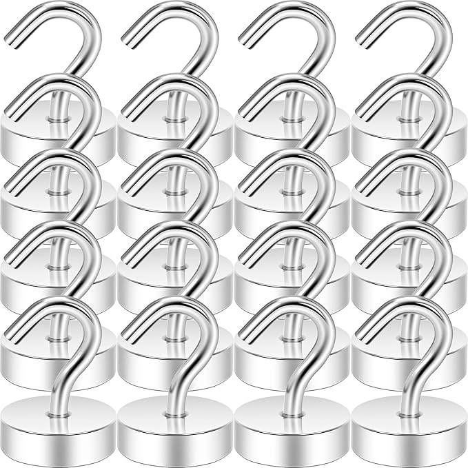 Neosmuk Magnetic Hooks, Cruise Ship Essentials, 40lb+ Heavy Duty Magnetic Hooks for Cruise Cabins, Refrigerator, Grill, Hanging, and Travel | Extra Strong Must-Haves Magnet Hook,Silver,Pack of 20