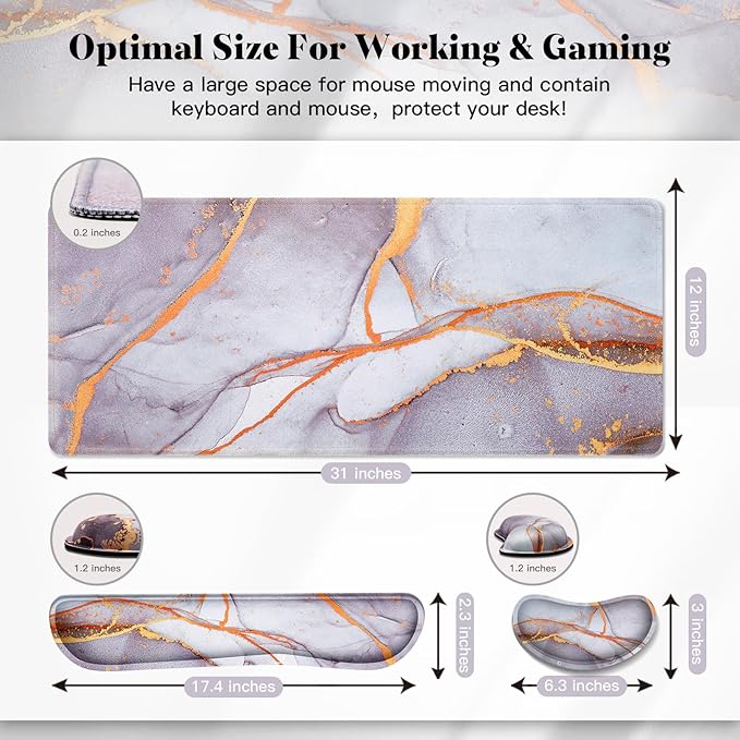 Gimars 4 in 1 Mouse Pad and Keyboard Wrist Rest Set, Large Mouse Pad with Memory Foam Wrist Support Pad for Desk with Coaster, Easy Typing Pain Relief, Gaming Office Home, 31.5x12 inch, Gray Golden