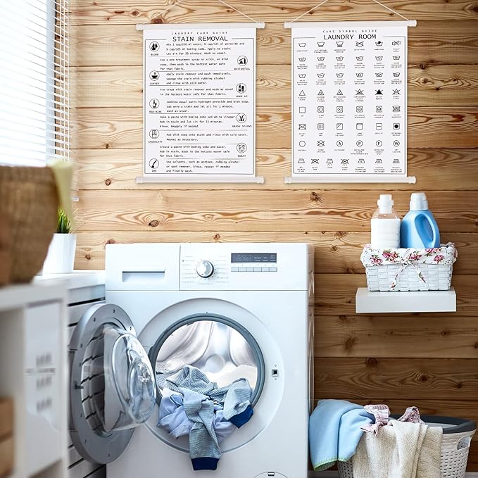 Gersoniel 2 Pieces Laundry Room Decor Laundry Symbols Wall Art Washing Room Hanging Symbols Decoration Stain Removal Theme Sign Clothes Care Room Art Ready to Hang Plaque, 11.8 x 15.7 Inches(White)