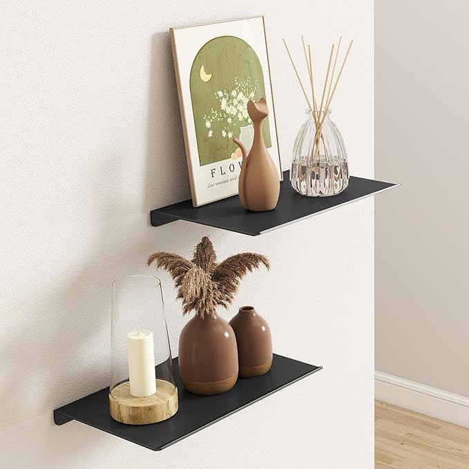 MKO 8" Small Floating Shelves for Wall, Metal Wall Mounted Shelf for Bathroom, Bedroom, Living Room, Kitchen, Little Mini Tiny Display Hanging Shelves for Books/Storage/Room Decor 2 Packs, Black