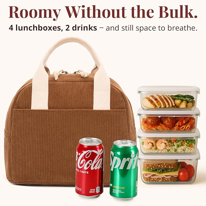LOVELYWIND Insulated Brown Sugar Lunch Bag for Women, Stylish Corduroy Tote with Aluminum Lining, Large Capacity Reusable Cooler for Work, Travel, or Beach, Beige Cream Water-Resistant Lunch Box