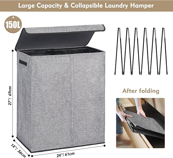 DOKEHOM 150L Double Laundry Basket with Lid and Removable Laundry Bags, Large Collapsible Laundry Hamper with 2 Sections for Bedroom, Bathroom, Laundry Room, College (Grey)