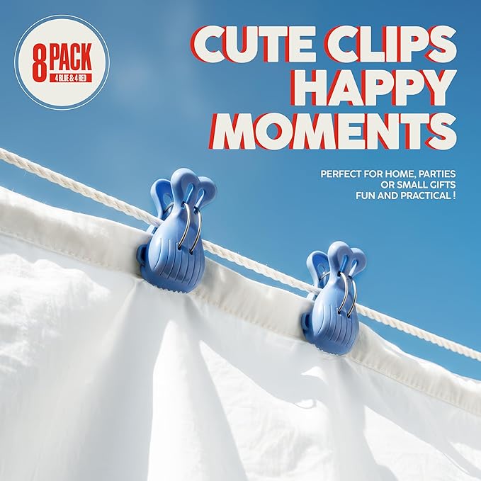 Whale Shaped BagClips 8 Pack – Cute FoodClips, Snack Bag Sealer, ClothesPins, Kitchen StorageClips, Towels, Party Decorations, 4 Red & 4 Blue