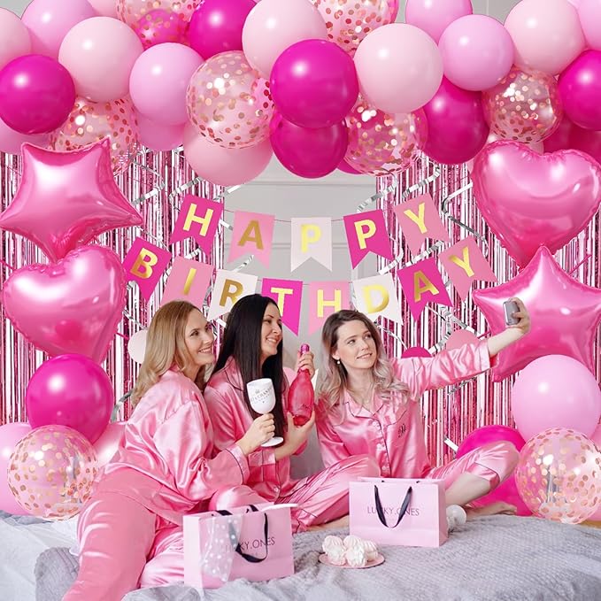 Jobkoo Pink Birthday Decorations for Girls, Hot Light Pink Balloon Garland Arch Kit Happy Birthday Banner Foil Curtain Heart Star Foil Party Balloons for Princess Party Decor