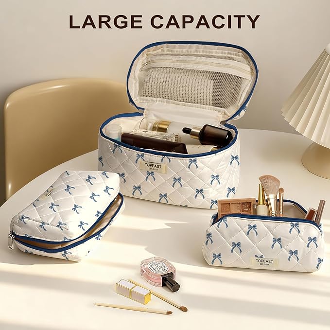 TOPEAST Travel Makeup for Women Girl, 3Pcs Large Cute Quilted Makeup Bag Organizer for Purse, Portable Big Cosmetic Brush Pouch with Zipper Compartment, Blue Bow