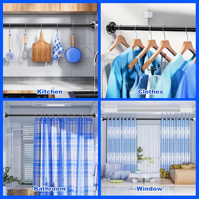 Ausemku Shower Curtain Rod - 32-104 Inch Rustproof Tension Rod, Non-Slip Spring Design, No Drilling Adjustable Curtain Rod for Bathroom, Kitchen, and Closet (Black)