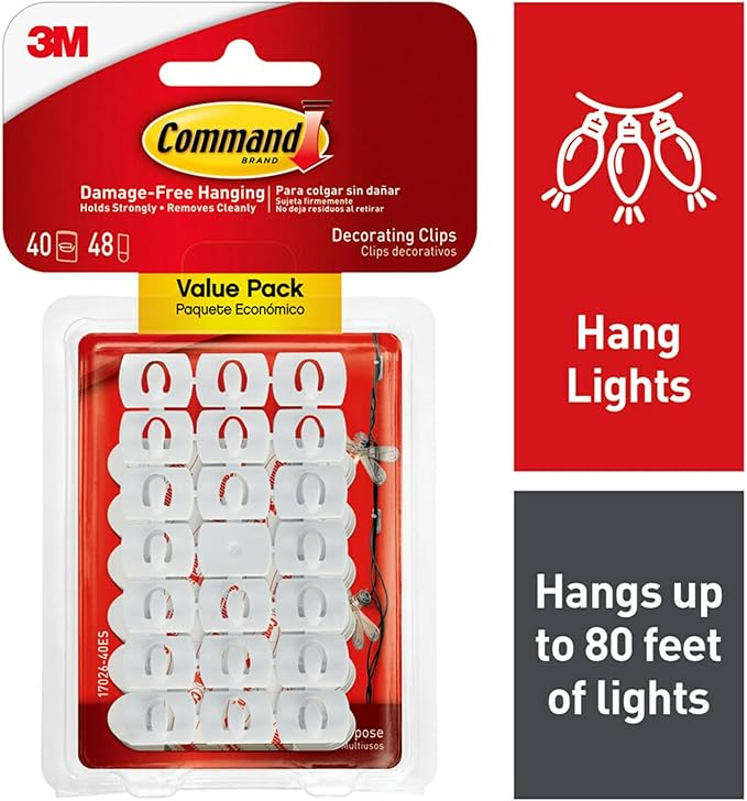 Command Decorating Clips, 40 Clips and 48 Strips, Damage-Free Hanging Light Clips with Adhesive Strips, No Tools Small Wall Clip for Hanging Lights and Cables