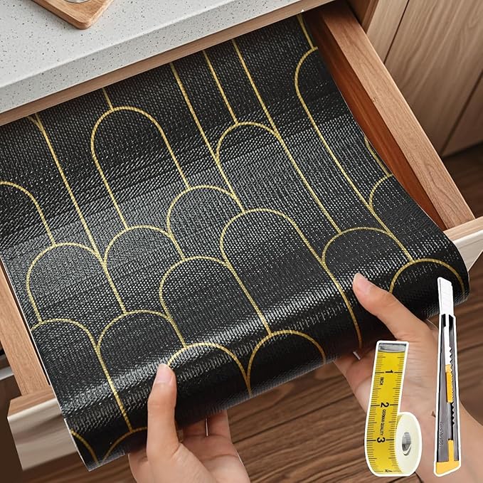 Shelf Liners for Kitchen Cabinets Drawer Liner 12in x 20FT Non Adhesive Black Gold Line Thickened Refrigerator Shelf Liner Paper Strong Easy to Clean for Tool Box with Knife and Tape Measure